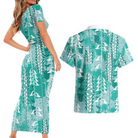 Teal Hawaii Tapa Pattern Couples Matching Short Sleeve Bodycon Dress and Hawaiian Shirt With Heliconia Vintage Style