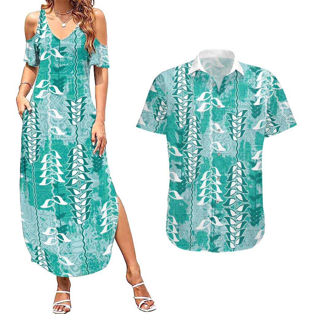 Teal Hawaii Tapa Pattern Couples Matching Summer Maxi Dress and Hawaiian Shirt With Heliconia Vintage Style