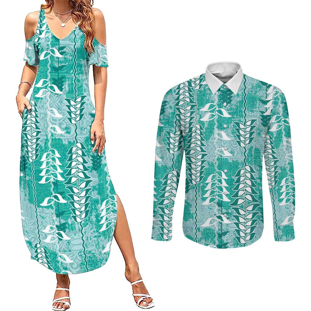 Teal Hawaii Tapa Pattern Couples Matching Summer Maxi Dress and Long Sleeve Button Shirt With Heliconia Vintage Style