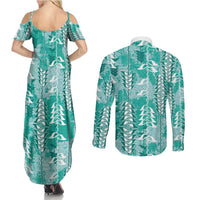 Teal Hawaii Tapa Pattern Couples Matching Summer Maxi Dress and Long Sleeve Button Shirt With Heliconia Vintage Style