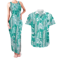 Teal Hawaii Tapa Pattern Couples Matching Tank Maxi Dress and Hawaiian Shirt With Heliconia Vintage Style