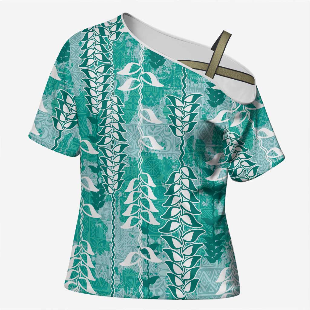 Teal Hawaii Tapa Pattern Cross Shoulder Shirt With Heliconia Vintage Style