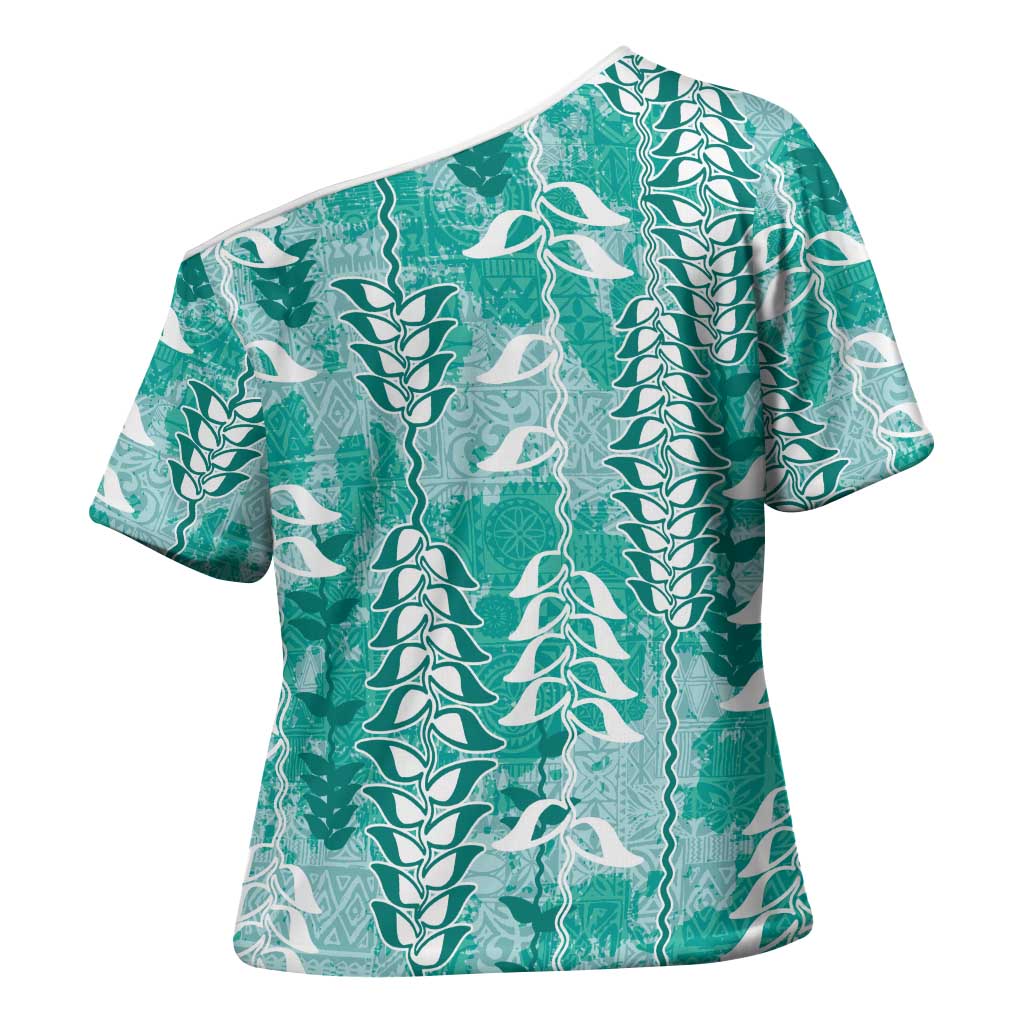 Teal Hawaii Tapa Pattern Cross Shoulder Shirt With Heliconia Vintage Style