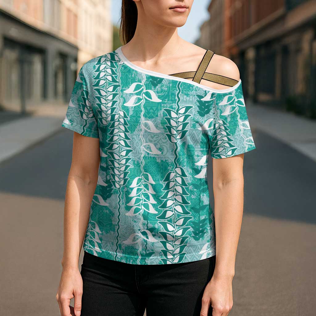 Teal Hawaii Tapa Pattern Cross Shoulder Shirt With Heliconia Vintage Style