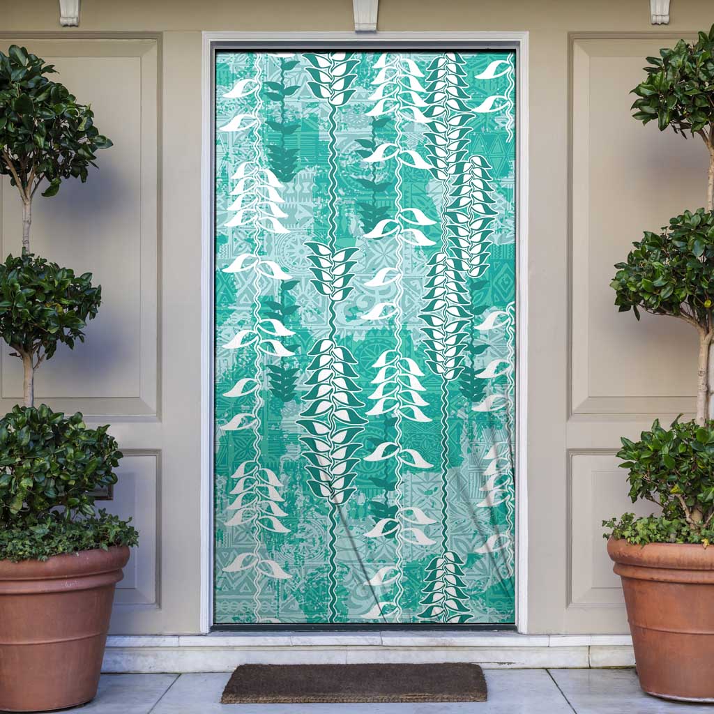 Teal Hawaii Tapa Pattern Door Cover With Heliconia Vintage Style