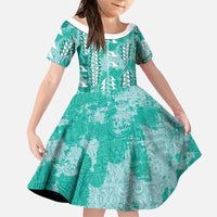 Teal Hawaii Tapa Pattern Family Matching Long Sleeve Bodycon Dress and Hawaiian Shirt With Heliconia Vintage Style LT05 Daughter's Dress Teal - Polynesian Pride