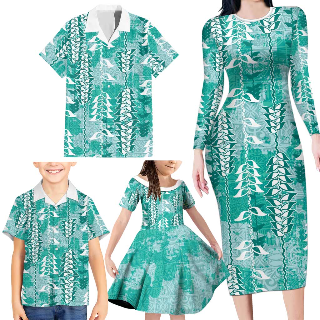 Teal Hawaii Tapa Pattern Family Matching Long Sleeve Bodycon Dress and Hawaiian Shirt With Heliconia Vintage Style