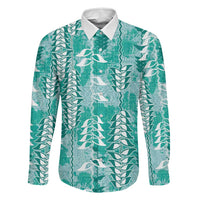 Teal Hawaii Tapa Pattern Family Matching Long Sleeve Bodycon Dress and Hawaiian Shirt With Heliconia Vintage Style LT05 Dad's Shirt - Long Sleeve Teal - Polynesian Pride