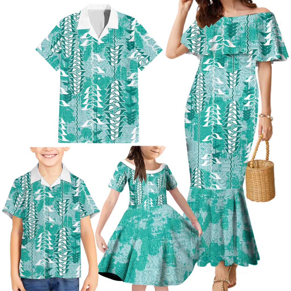 Teal Hawaii Tapa Pattern Family Matching Mermaid Dress and Hawaiian Shirt With Heliconia Vintage Style LT05 - Polynesian Pride