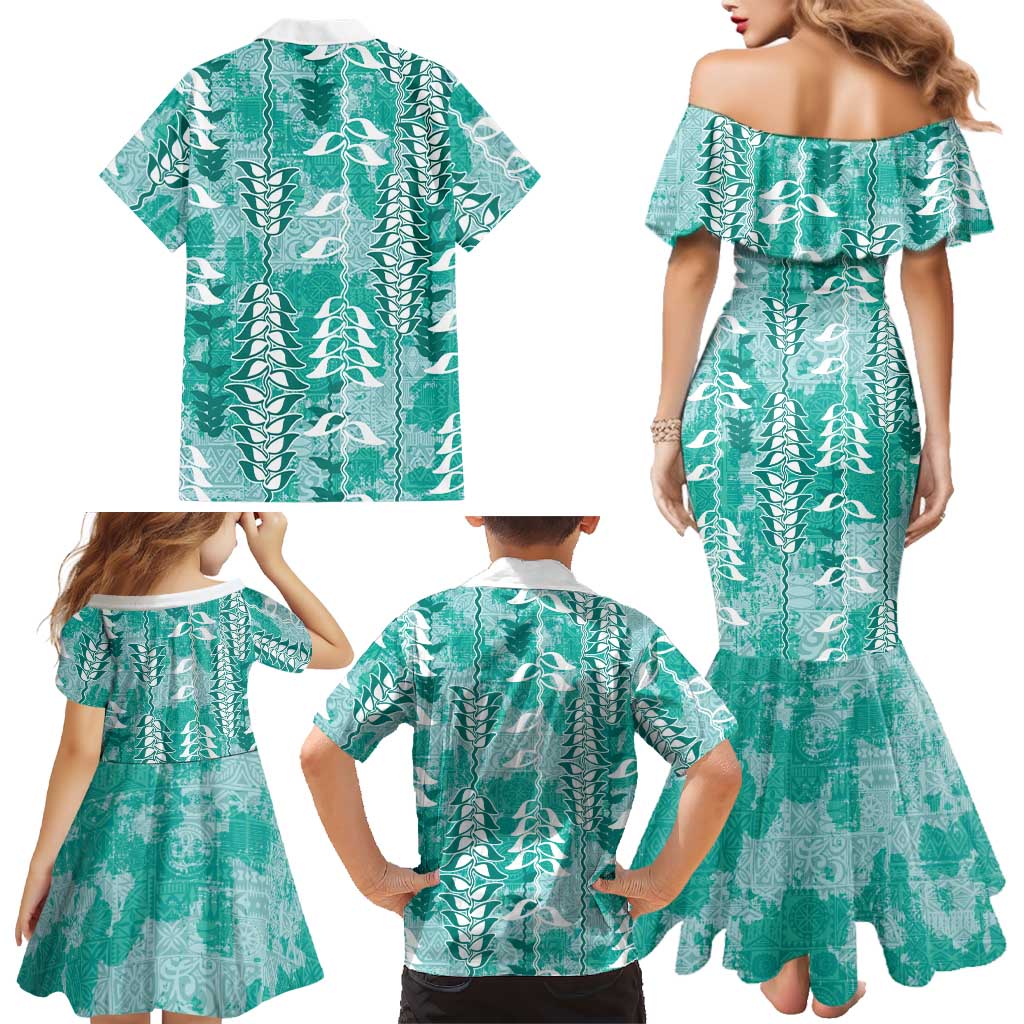 Teal Hawaii Tapa Pattern Family Matching Mermaid Dress and Hawaiian Shirt With Heliconia Vintage Style LT05 - Polynesian Pride