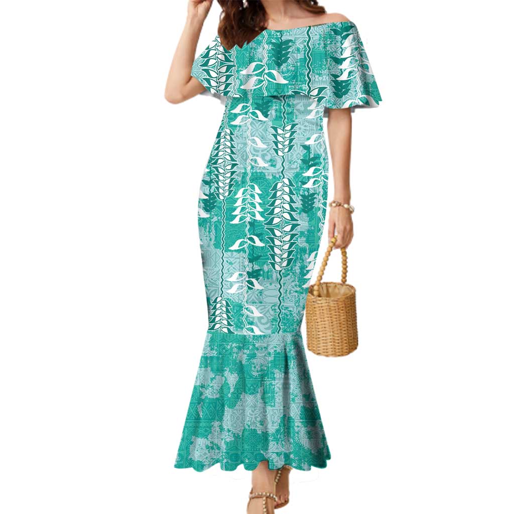 Teal Hawaii Tapa Pattern Family Matching Mermaid Dress and Hawaiian Shirt With Heliconia Vintage Style LT05 Mom's Dress Teal - Polynesian Pride