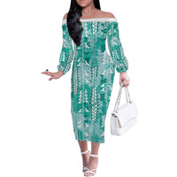 Teal Hawaii Tapa Pattern Family Matching Off The Shoulder Long Sleeve Dress and Hawaiian Shirt With Heliconia Vintage Style LT05 Mom's Dress Teal - Polynesian Pride