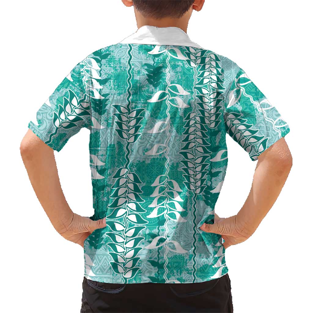 Teal Hawaii Tapa Pattern Family Matching Off Shoulder Maxi Dress and Hawaiian Shirt With Heliconia Vintage Style