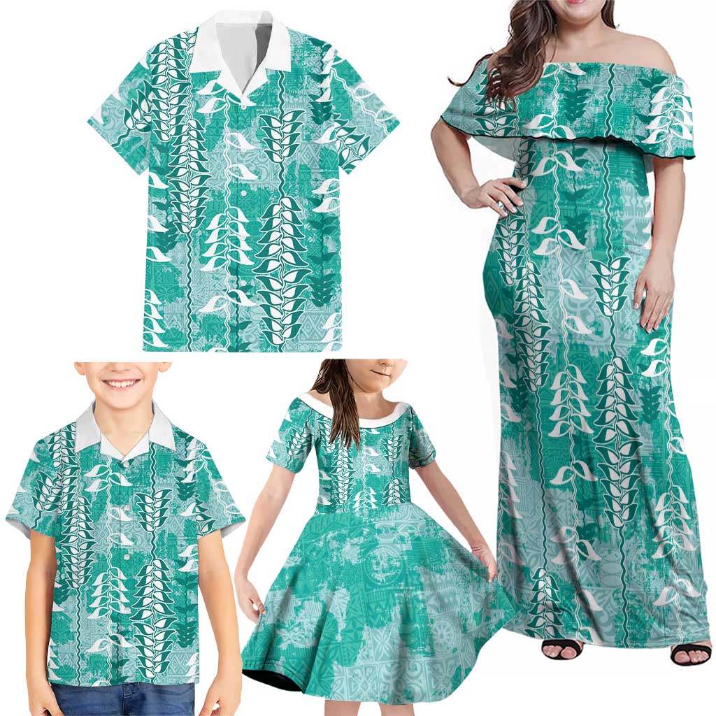 Teal Hawaii Tapa Pattern Family Matching Off Shoulder Maxi Dress and Hawaiian Shirt With Heliconia Vintage Style