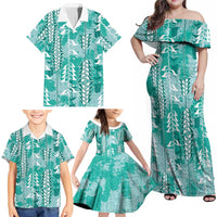Teal Hawaii Tapa Pattern Family Matching Off Shoulder Maxi Dress and Hawaiian Shirt With Heliconia Vintage Style