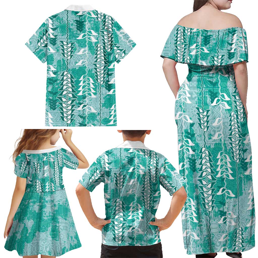 Teal Hawaii Tapa Pattern Family Matching Off Shoulder Maxi Dress and Hawaiian Shirt With Heliconia Vintage Style