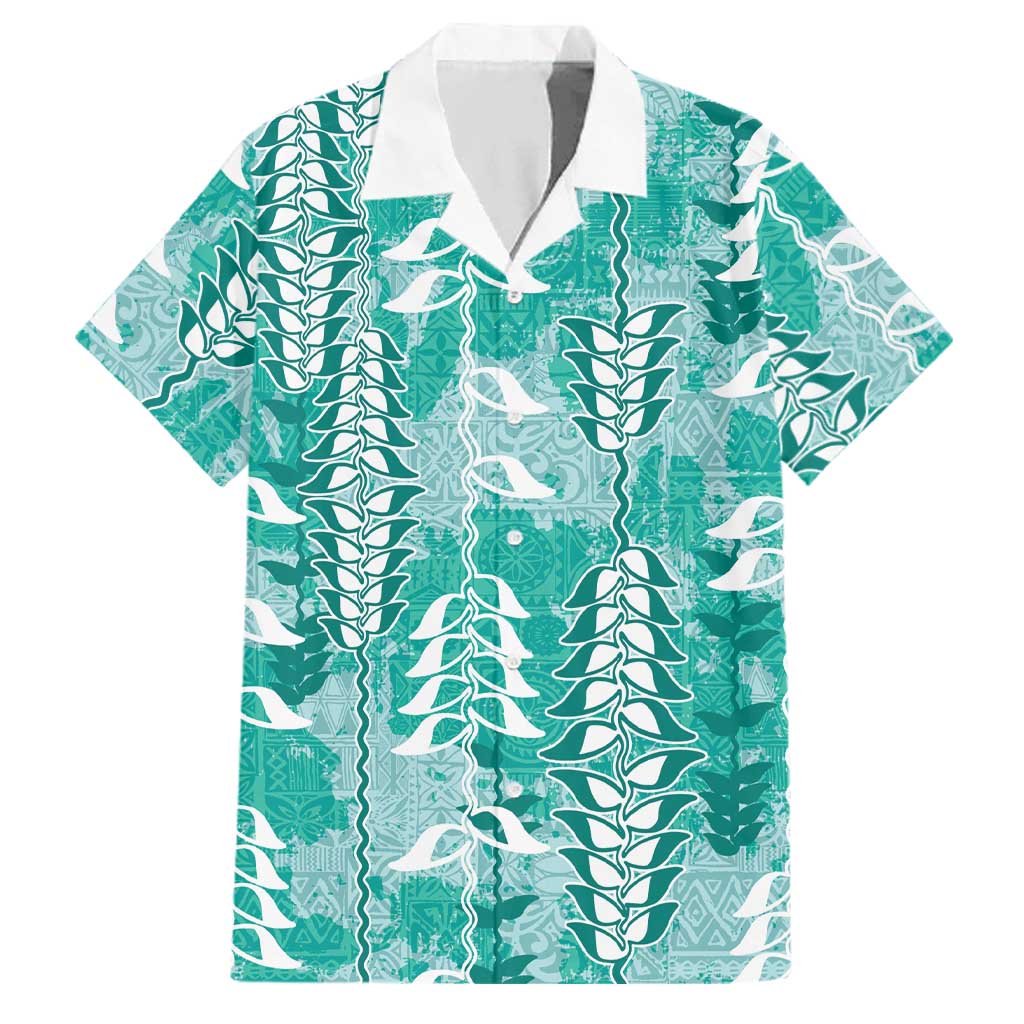 Teal Hawaii Tapa Pattern Family Matching Off Shoulder Maxi Dress and Hawaiian Shirt With Heliconia Vintage Style