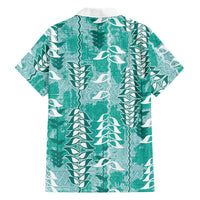 Teal Hawaii Tapa Pattern Family Matching Off Shoulder Maxi Dress and Hawaiian Shirt With Heliconia Vintage Style