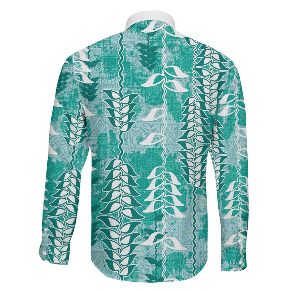 Teal Hawaii Tapa Pattern Family Matching Off Shoulder Maxi Dress and Hawaiian Shirt With Heliconia Vintage Style