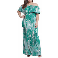 Teal Hawaii Tapa Pattern Family Matching Off Shoulder Maxi Dress and Hawaiian Shirt With Heliconia Vintage Style