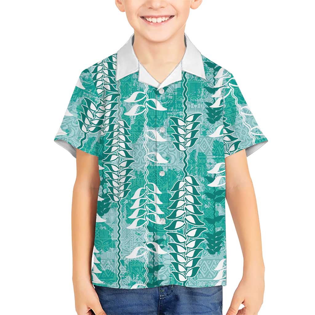 Teal Hawaii Tapa Pattern Family Matching Off Shoulder Maxi Dress and Hawaiian Shirt With Heliconia Vintage Style