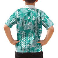 Teal Hawaii Tapa Pattern Family Matching Off Shoulder Short Dress and Hawaiian Shirt With Heliconia Vintage Style