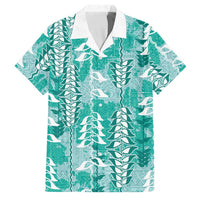 Teal Hawaii Tapa Pattern Family Matching Off Shoulder Short Dress and Hawaiian Shirt With Heliconia Vintage Style