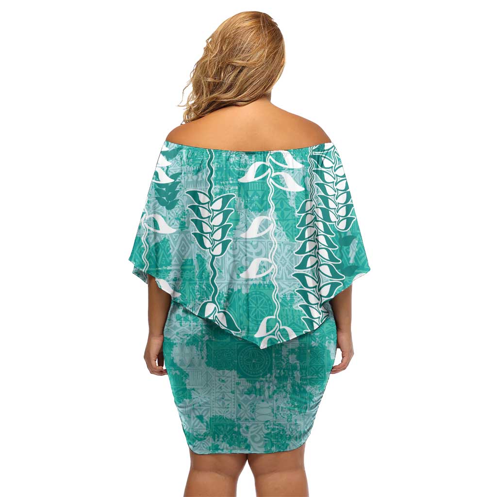 Teal Hawaii Tapa Pattern Family Matching Off Shoulder Short Dress and Hawaiian Shirt With Heliconia Vintage Style
