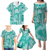 Teal Hawaii Tapa Pattern Family Matching Puletasi and Hawaiian Shirt With Heliconia Vintage Style