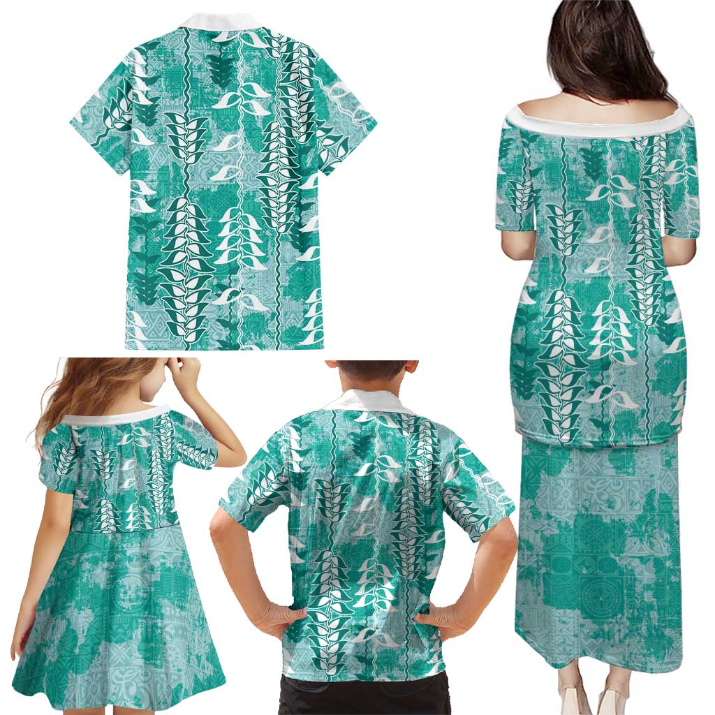 Teal Hawaii Tapa Pattern Family Matching Puletasi and Hawaiian Shirt With Heliconia Vintage Style