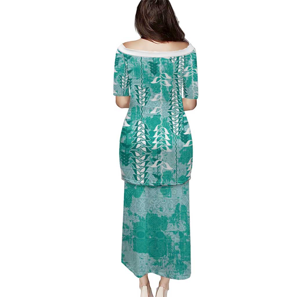 Teal Hawaii Tapa Pattern Family Matching Puletasi and Hawaiian Shirt With Heliconia Vintage Style