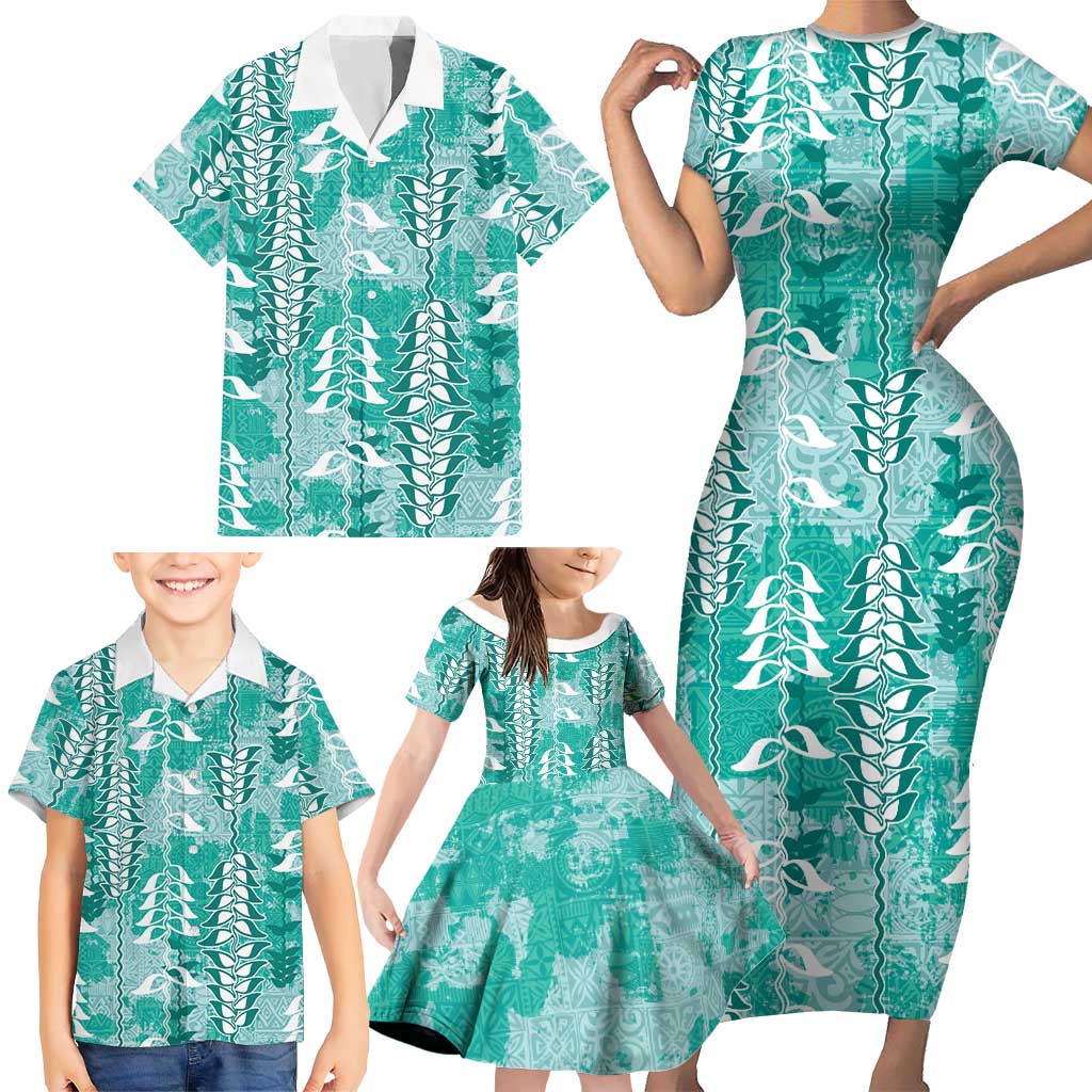 Teal Hawaii Tapa Pattern Family Matching Short Sleeve Bodycon Dress and Hawaiian Shirt With Heliconia Vintage Style LT05 - Polynesian Pride