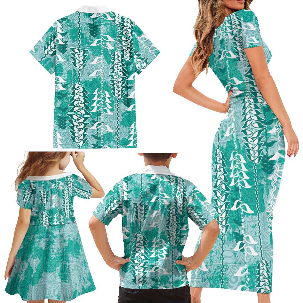 Teal Hawaii Tapa Pattern Family Matching Short Sleeve Bodycon Dress and Hawaiian Shirt With Heliconia Vintage Style LT05 - Polynesian Pride