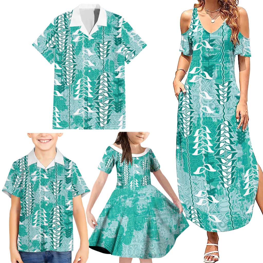 Teal Hawaii Tapa Pattern Family Matching Summer Maxi Dress and Hawaiian Shirt With Heliconia Vintage Style