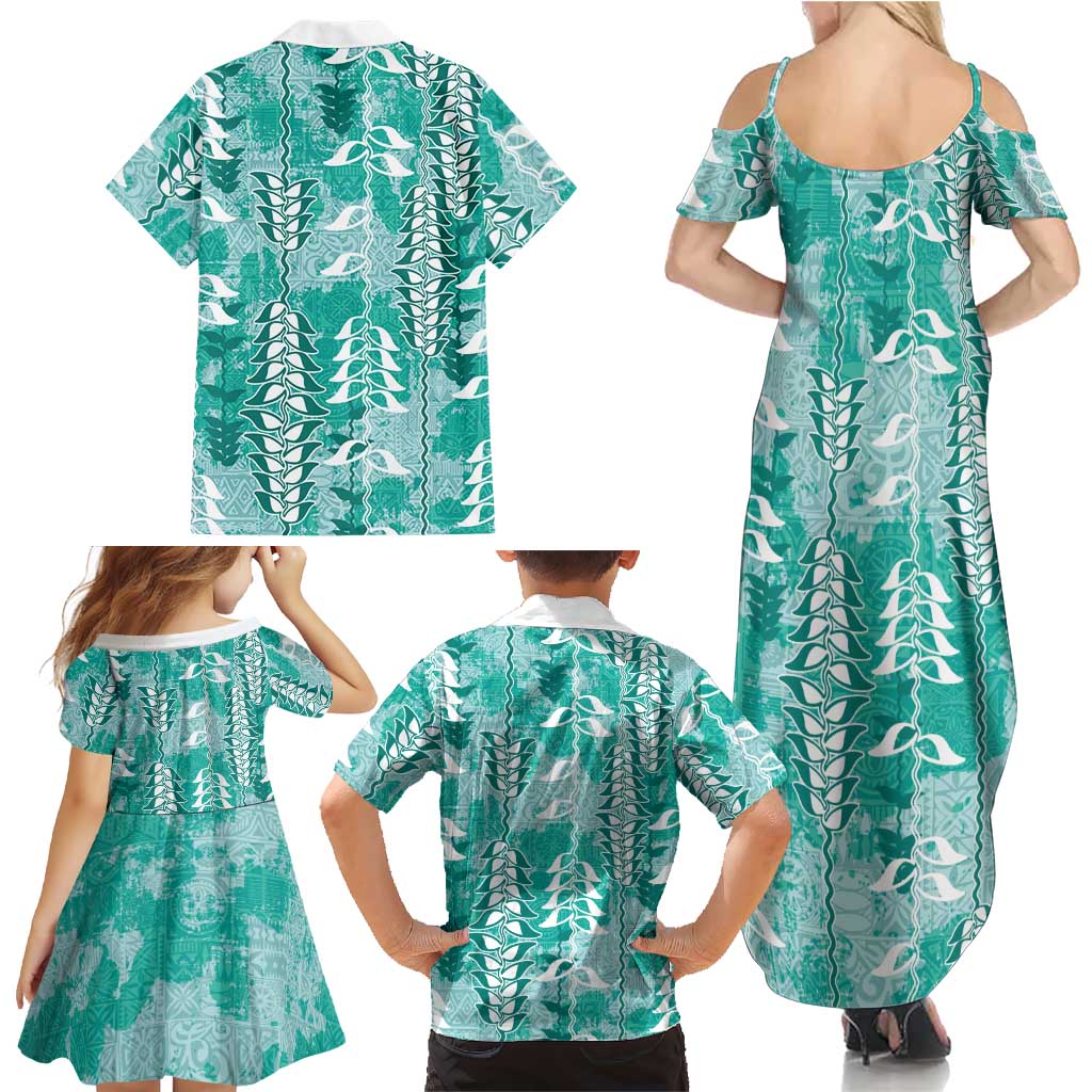 Teal Hawaii Tapa Pattern Family Matching Summer Maxi Dress and Hawaiian Shirt With Heliconia Vintage Style