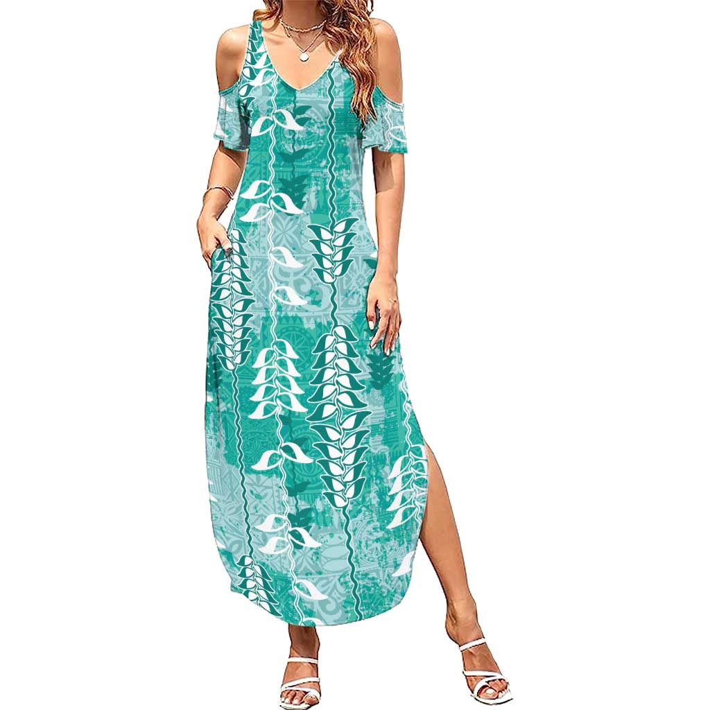 Teal Hawaii Tapa Pattern Family Matching Summer Maxi Dress and Hawaiian Shirt With Heliconia Vintage Style