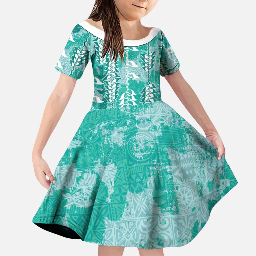 Teal Hawaii Tapa Pattern Family Matching Tank Maxi Dress and Hawaiian Shirt With Heliconia Vintage Style