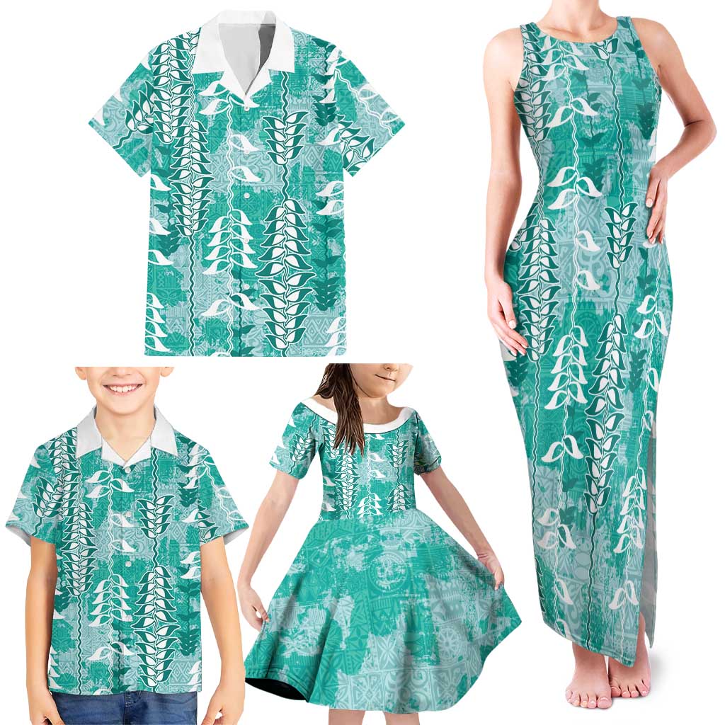 Teal Hawaii Tapa Pattern Family Matching Tank Maxi Dress and Hawaiian Shirt With Heliconia Vintage Style