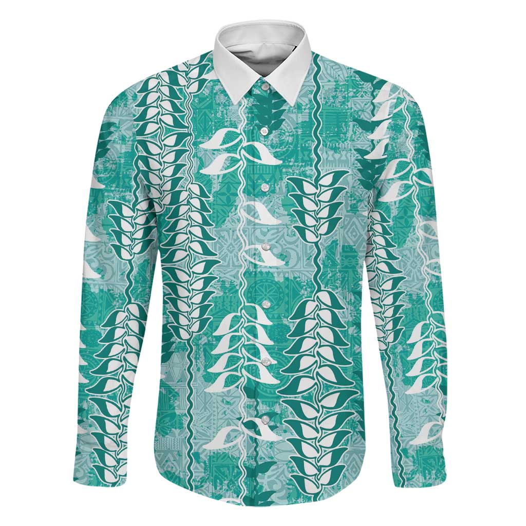 Teal Hawaii Tapa Pattern Family Matching Tank Maxi Dress and Hawaiian Shirt With Heliconia Vintage Style
