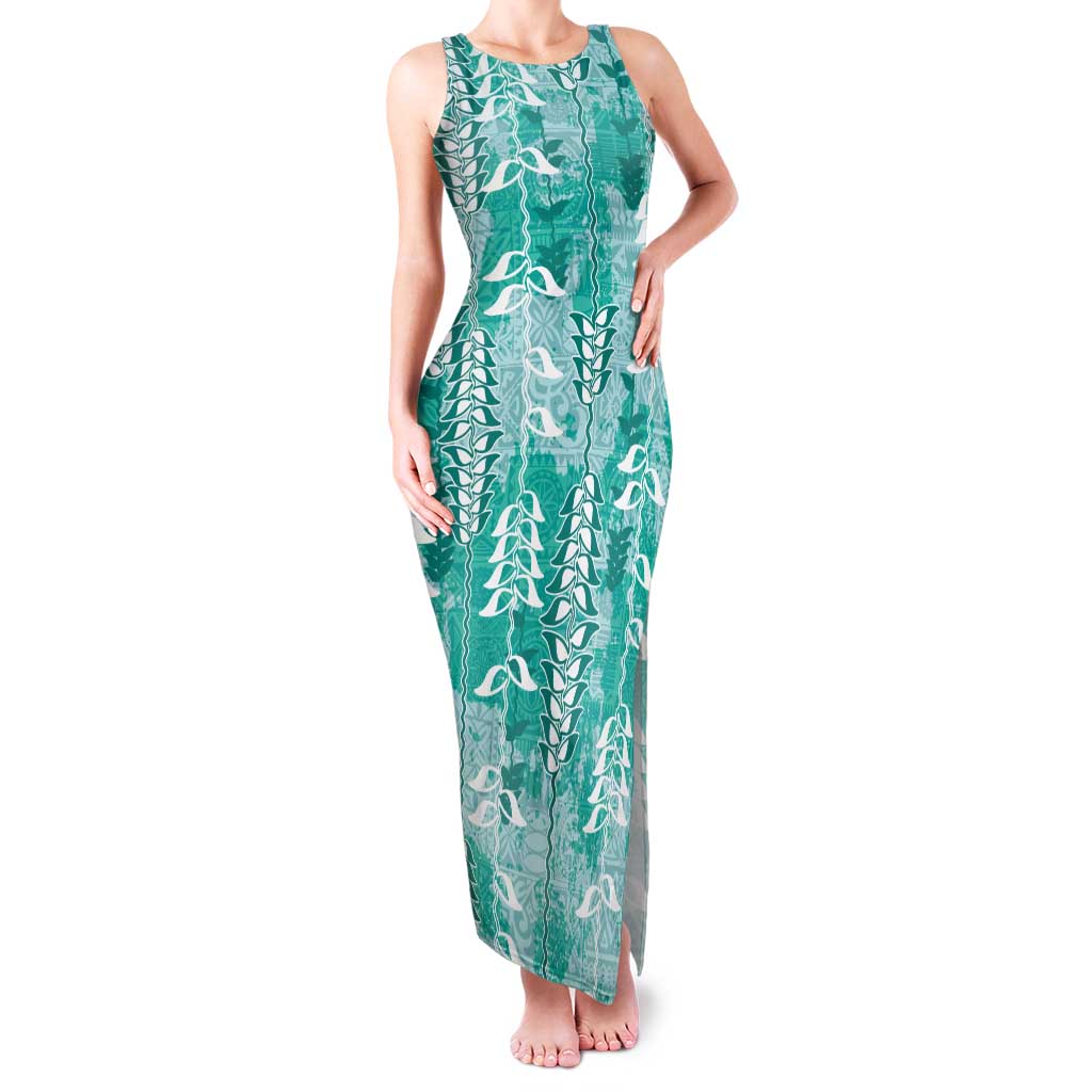 Teal Hawaii Tapa Pattern Family Matching Tank Maxi Dress and Hawaiian Shirt With Heliconia Vintage Style