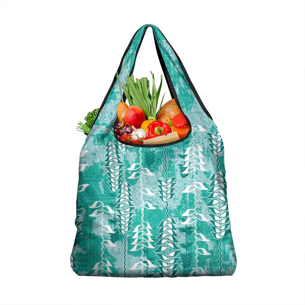 Teal Hawaii Tapa Pattern Grocery Bag With Heliconia Vintage Style
