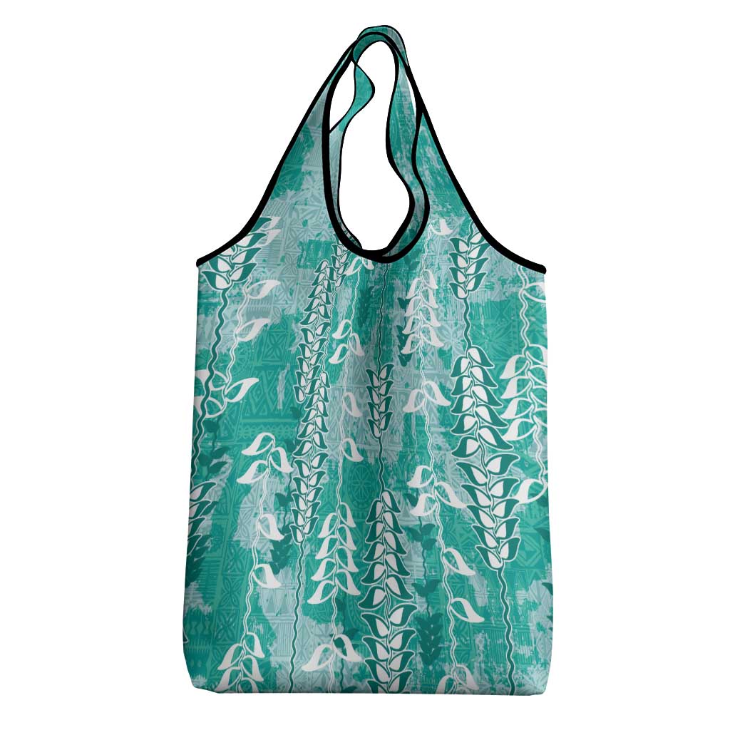 Teal Hawaii Tapa Pattern Grocery Bag With Heliconia Vintage Style