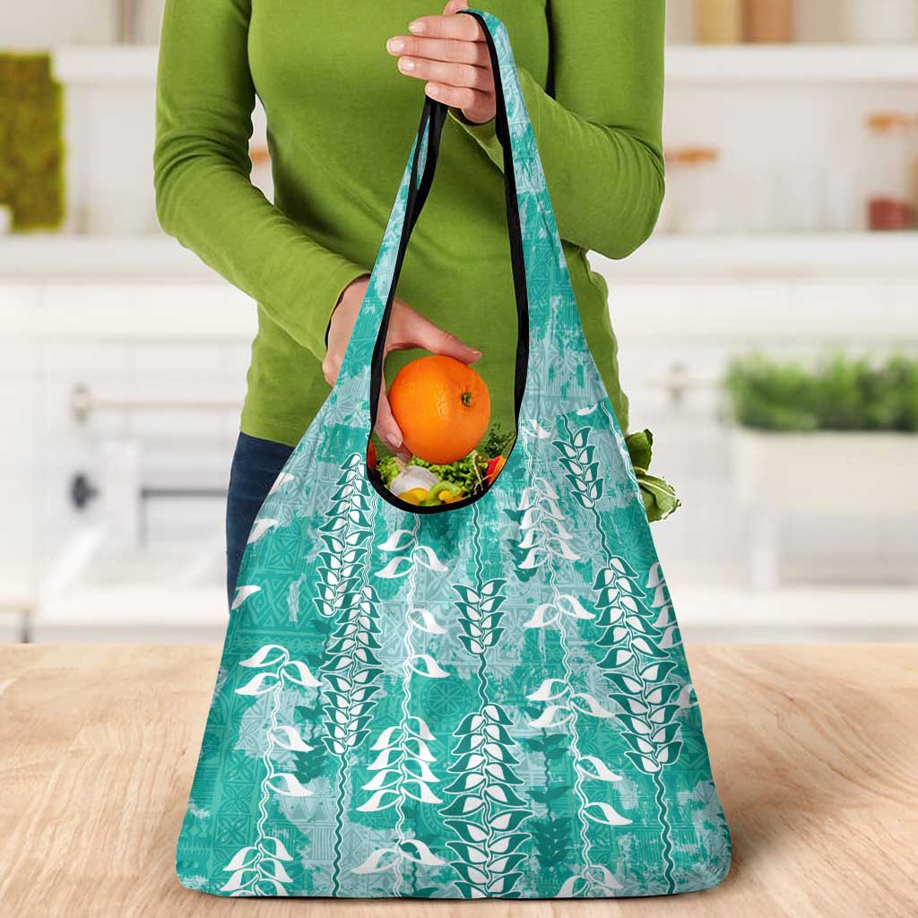 Teal Hawaii Tapa Pattern Grocery Bag With Heliconia Vintage Style