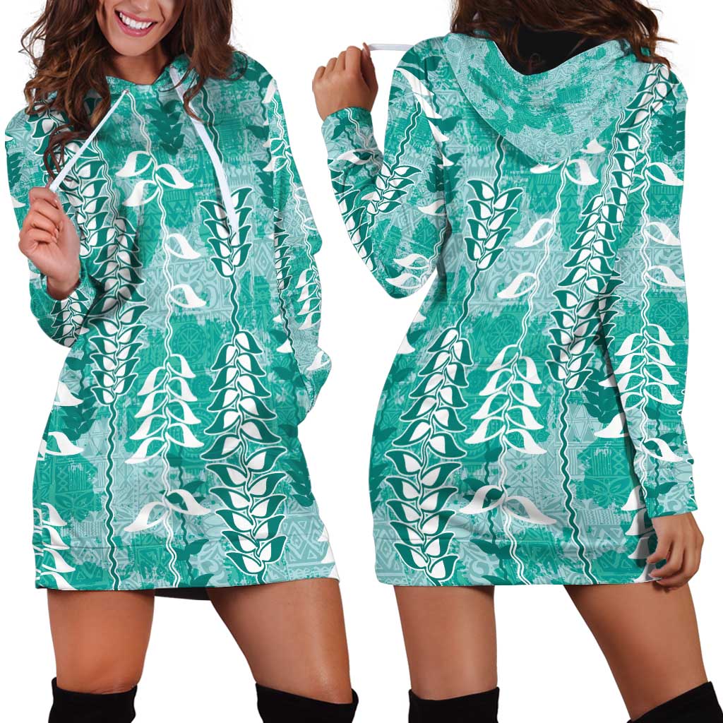 Teal Hawaii Tapa Pattern Hoodie Dress With Heliconia Vintage Style
