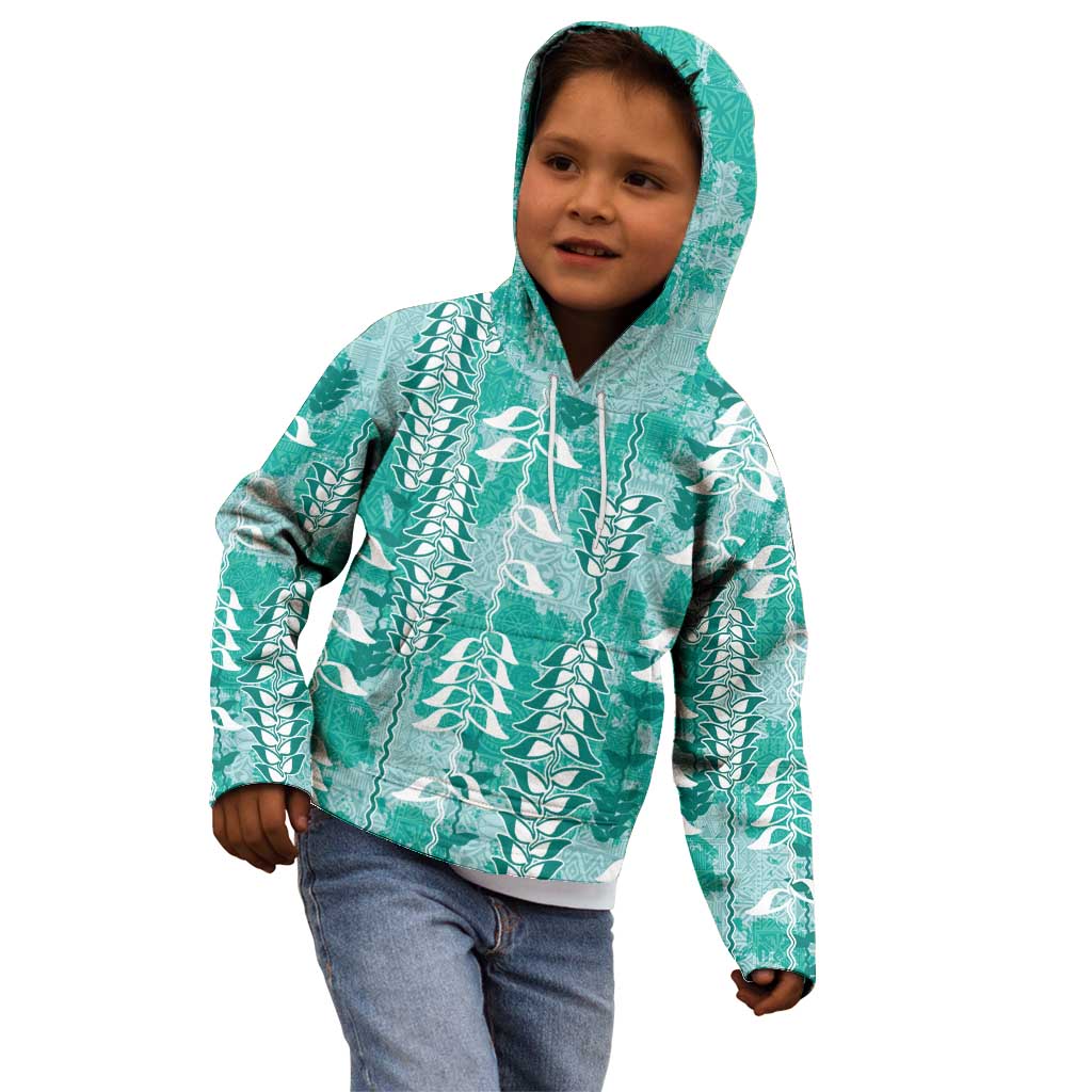 Teal Hawaii Tapa Pattern Kid Hoodie With Heliconia Vintage Style