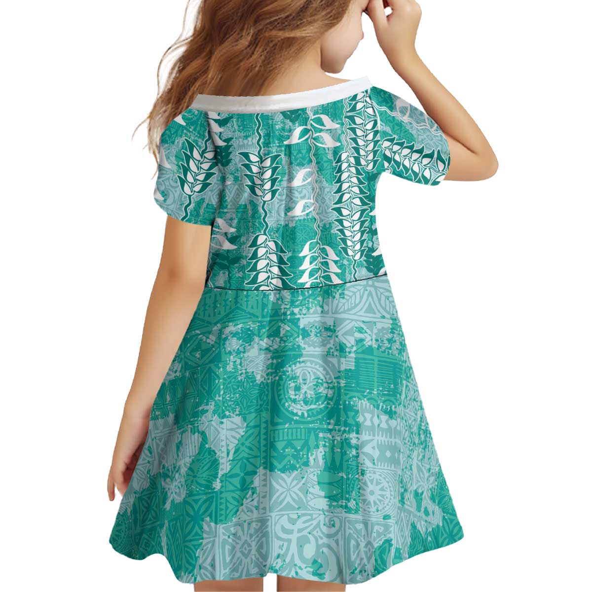 Teal Hawaii Tapa Pattern Kid Short Sleeve Dress With Heliconia Vintage Style