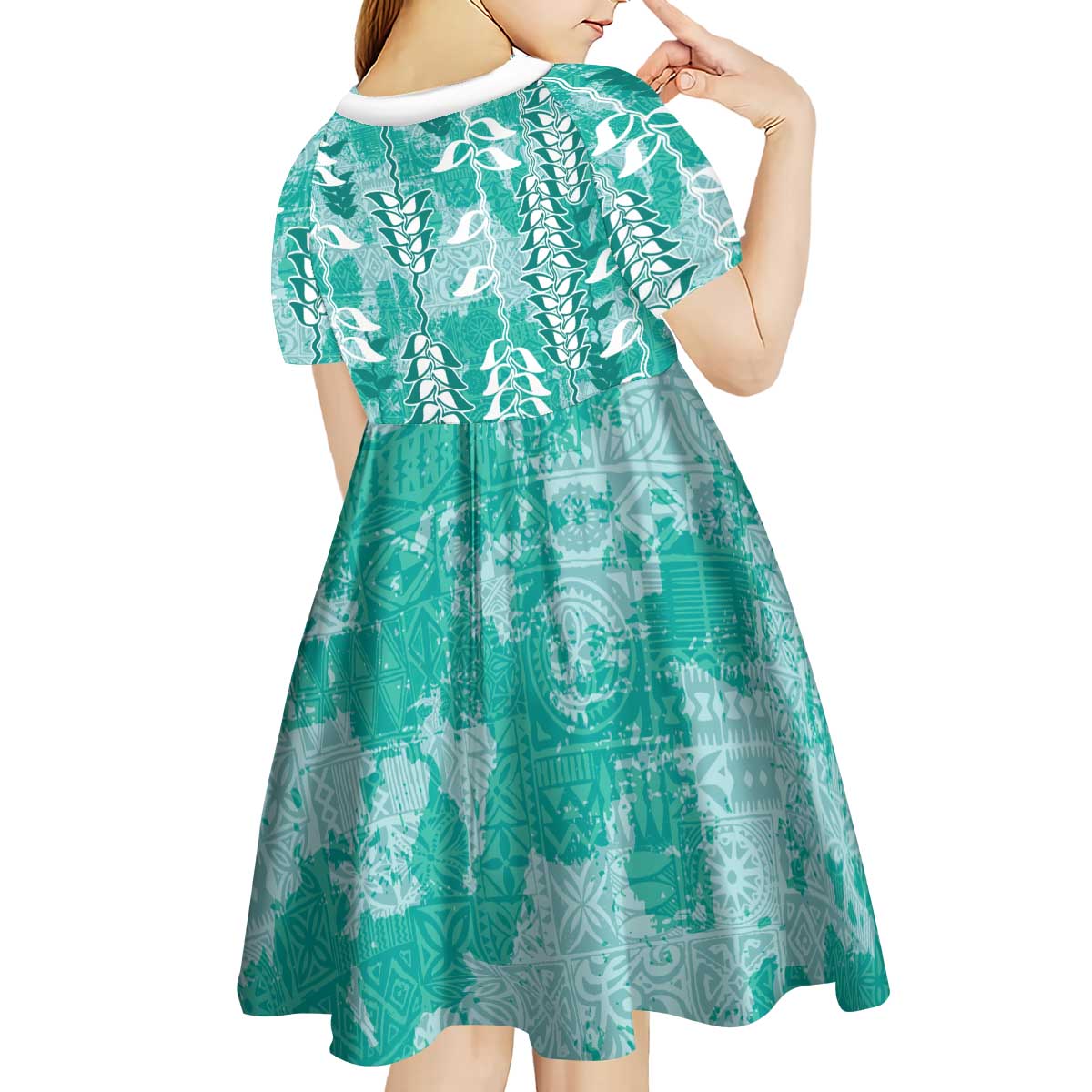 Teal Hawaii Tapa Pattern Kid Short Sleeve Dress With Heliconia Vintage Style
