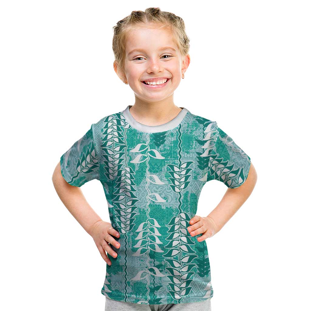 Teal Hawaii Tapa Pattern Kid T Shirt With Heliconia Vintage Style