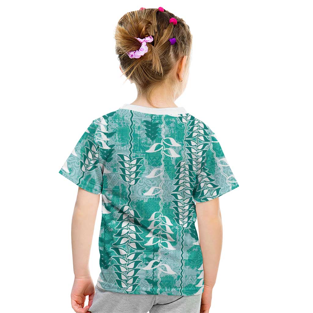 Teal Hawaii Tapa Pattern Kid T Shirt With Heliconia Vintage Style