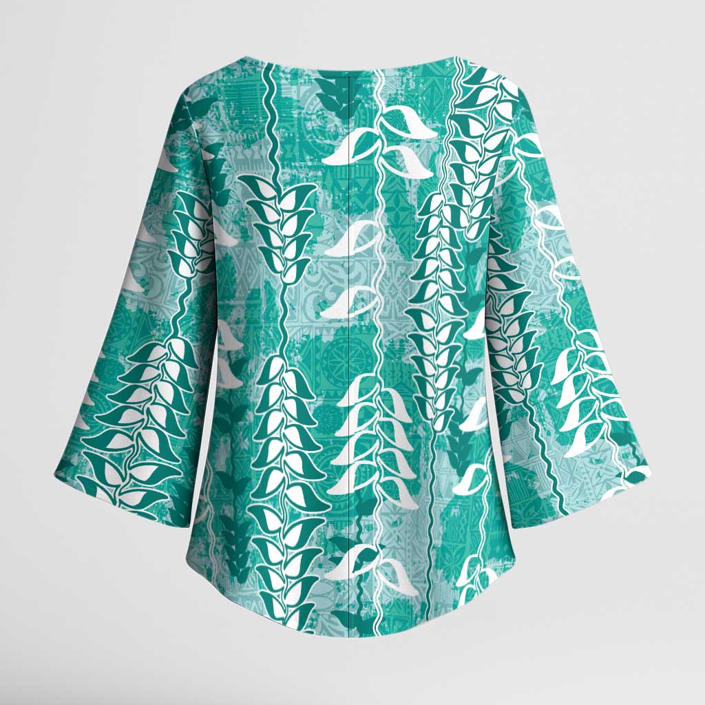 Teal Hawaii Tapa Pattern Kimono Sleeve Blouse With Heliconia Vintage Style
